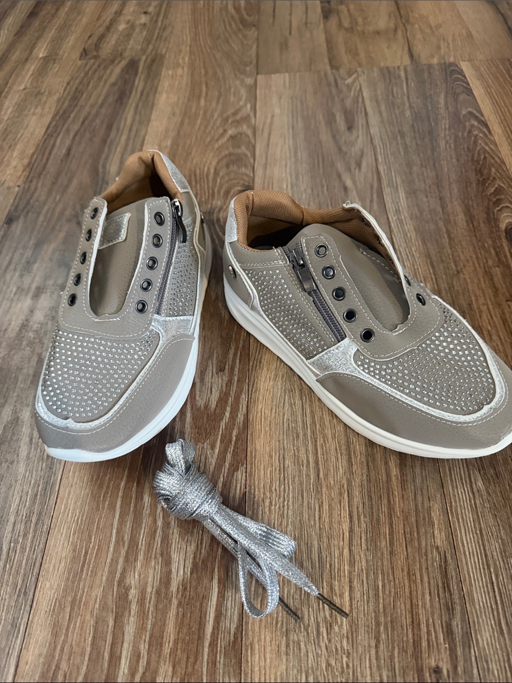 Women’s Slip-On Casual Sneakers in Taupe with Rhinestones